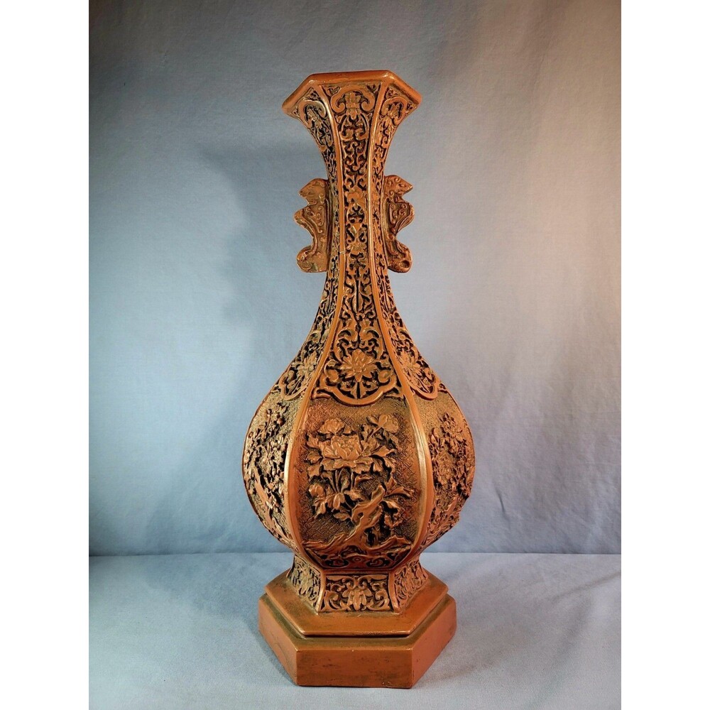Red Carved Lacquerware Vase China Dynasty Flower Bottle 18.75''Tall Vessel